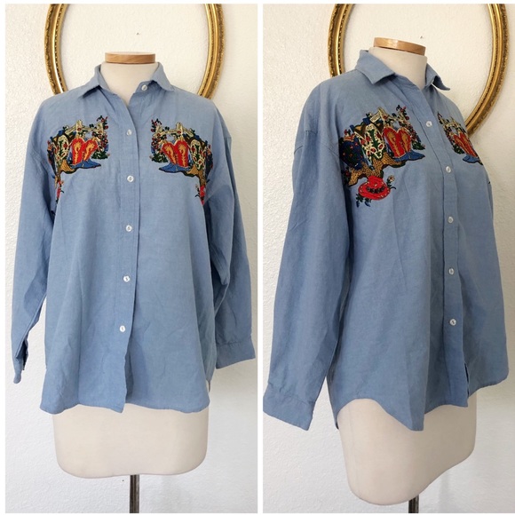 Vintage Tops - Vintage Cowboy Rose Cactus Embroidered Button Up